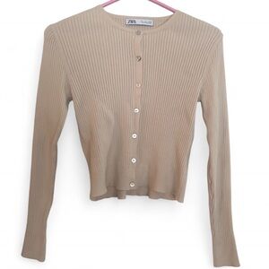 Zara Cream Ribbed Button-Up Cardigan Size Large
